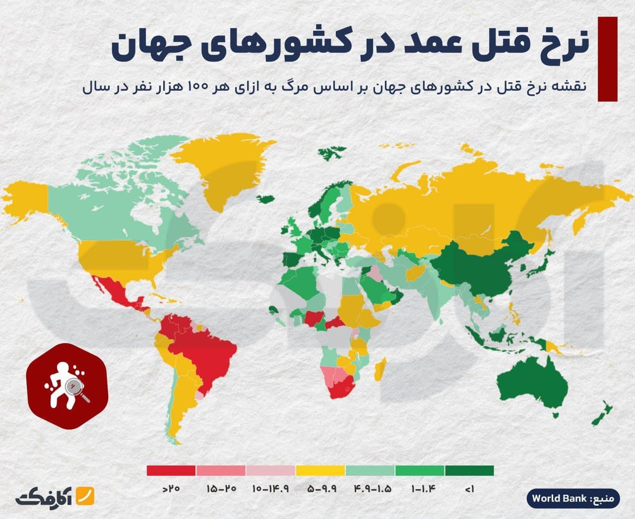 تصویر شاخص نرخ قتل عمد در کدام کشورها بیشتر است؟