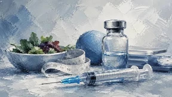 سرنگ، ویال دارو، متر اندازهگیری و کاسه سبزیجات با زمینه نقاشیشده مفهومی لاغری