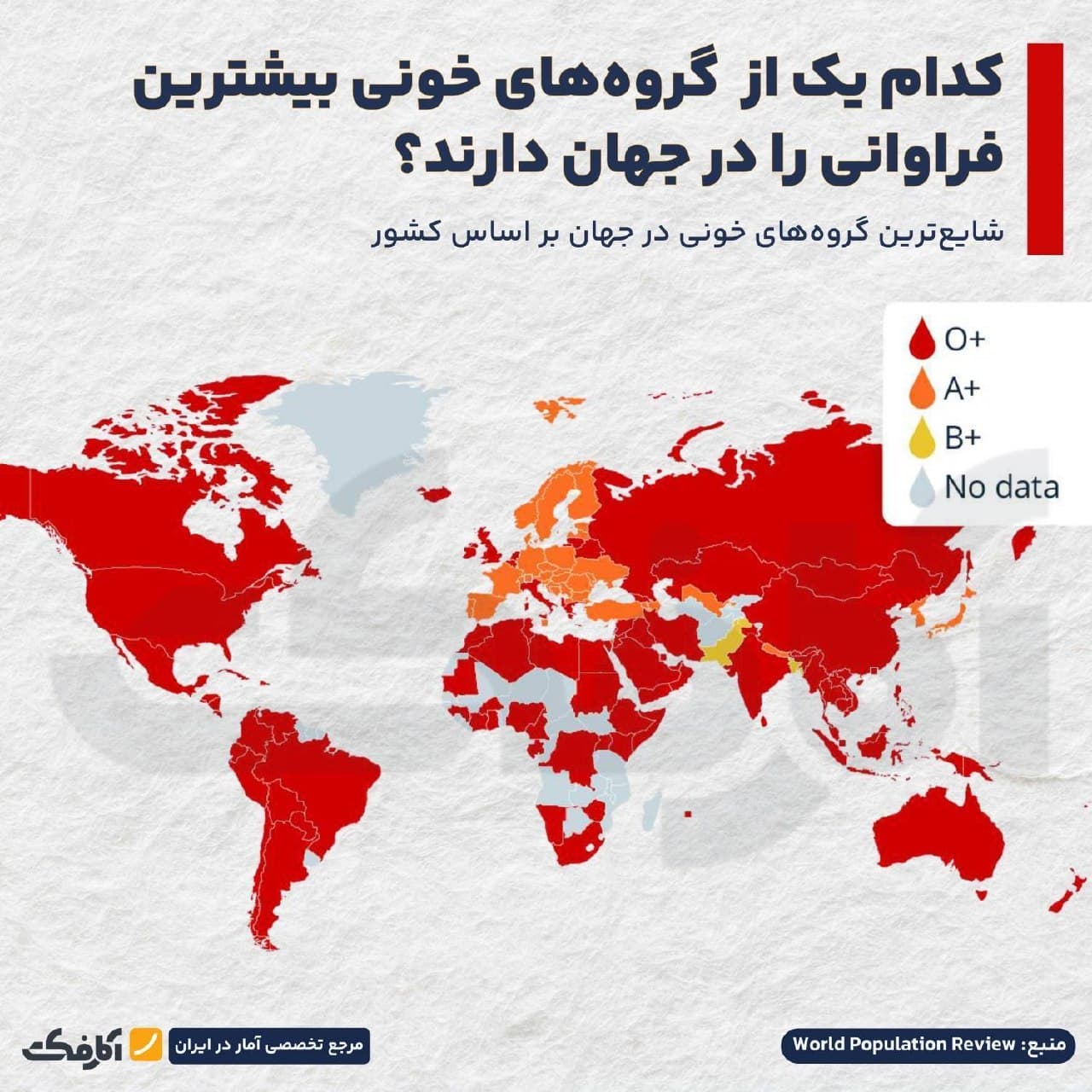 نقشه جهان نشاندهنده پراکندگی شایعترین گروههای خونی شامل O+ و A+ و B+ در کشورهای مختلف