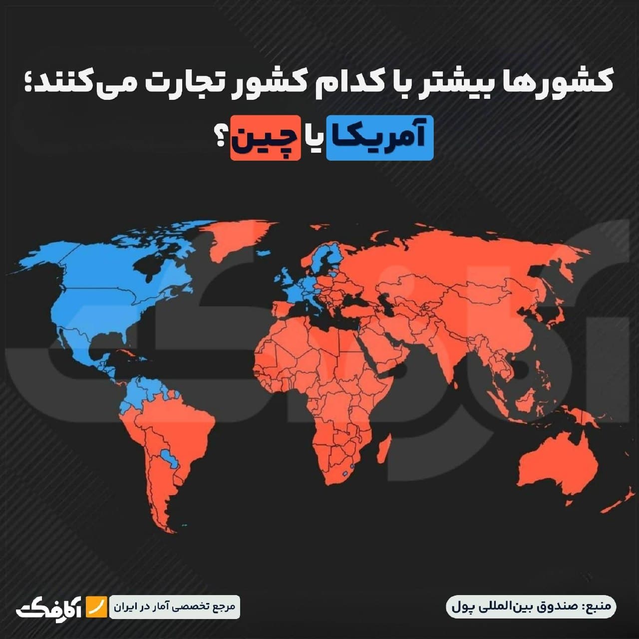 نقشه جهان رنگآمیزی شده بر اساس بزرگترین شریک تجاری کشورها بین چین و آمریکا