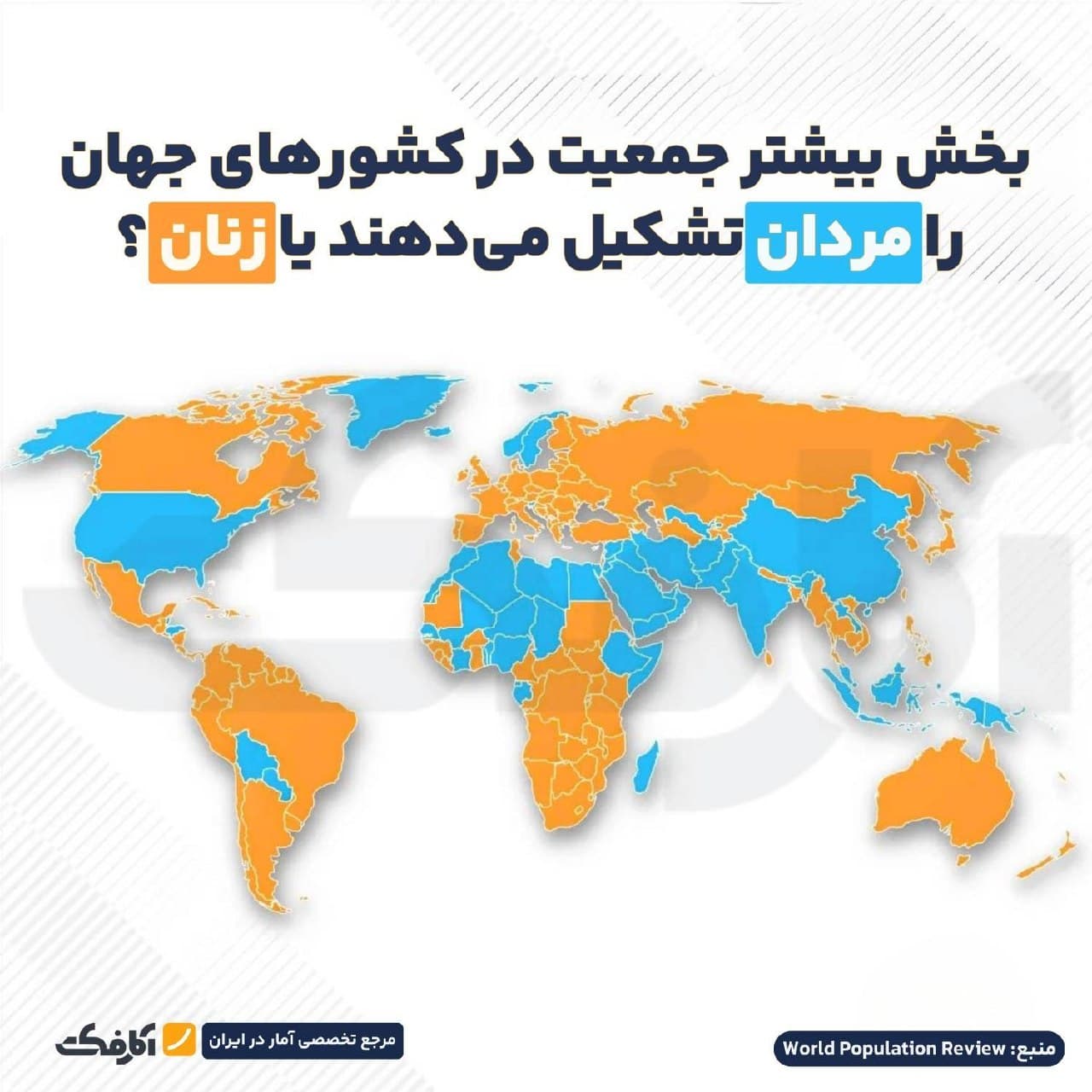 نقشه جهان نشاندهنده پراکندگی و برتری جمعیتی مردان یا زنان در کشورهای مختلف بر اساس دادههای ورلد پاپیولیشن ریویو