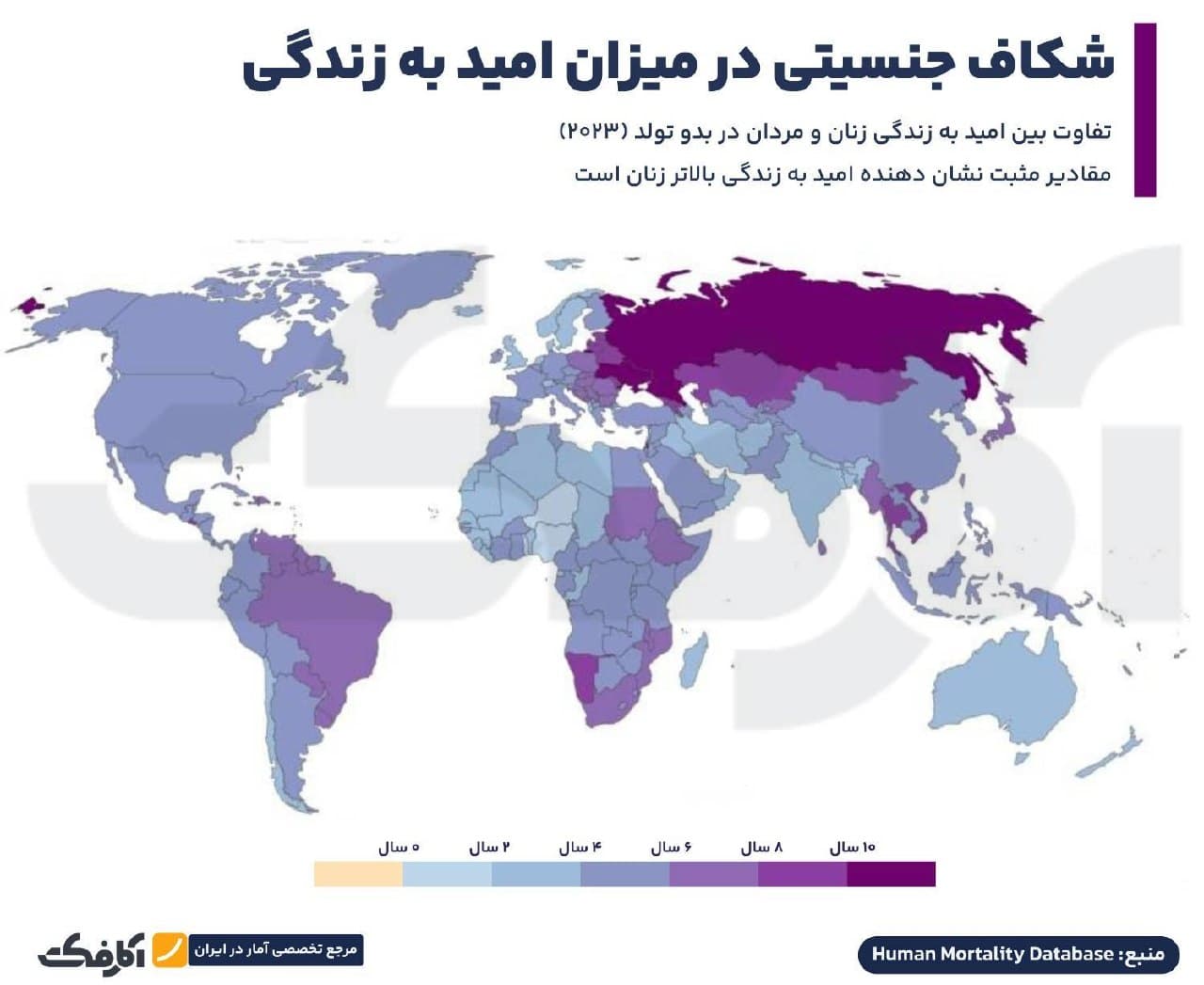 نقشه جهانی شکاف جنسیتی امید به زندگی در سال ۲۰۲۳ بر اساس دادههای پایگاه داده مرگومیر انسانی