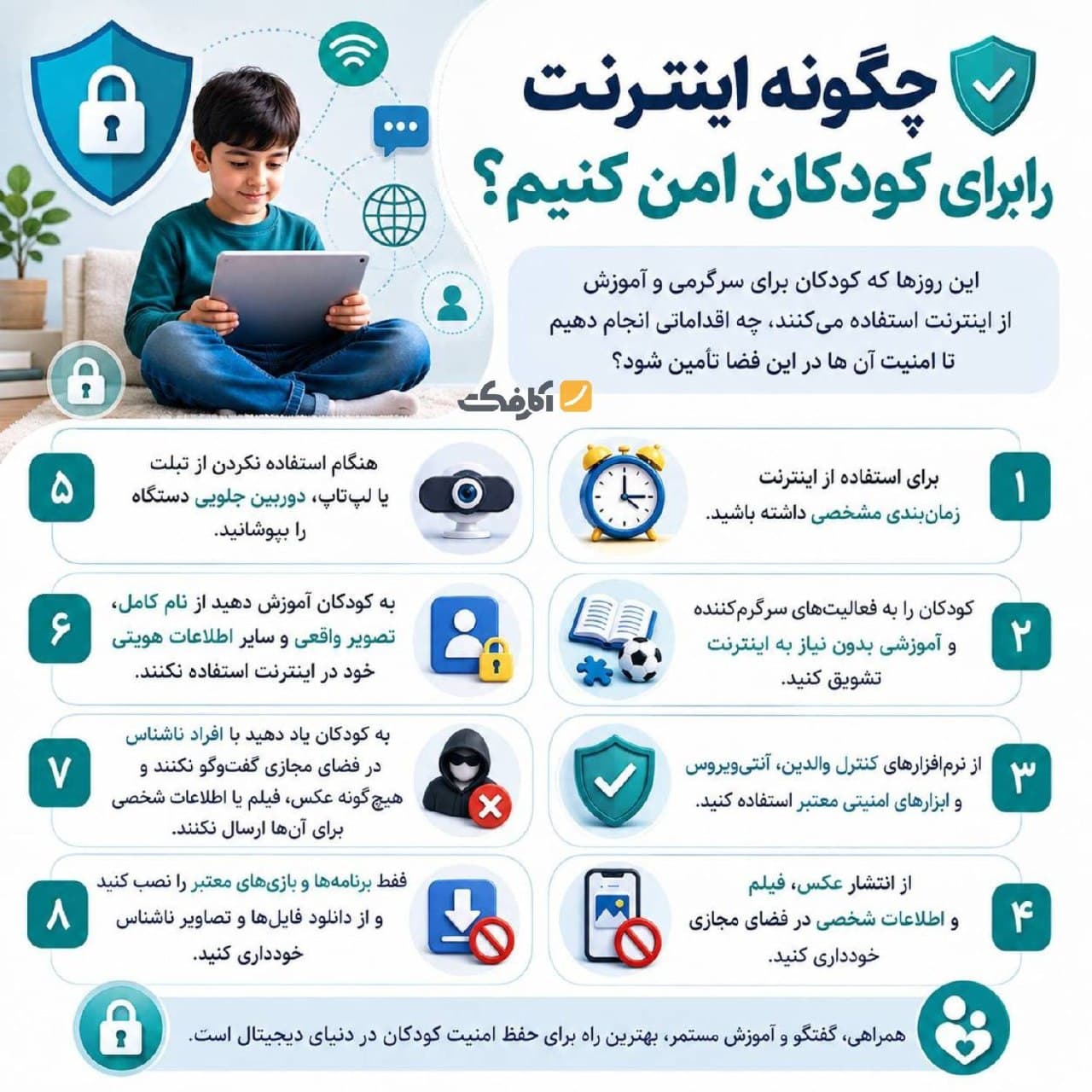 اینفوگرافیک آموزشی شامل ۸ راهکار کلیدی برای حفظ امنیت کودکان در فضای مجازی و دنیای دیجیتال